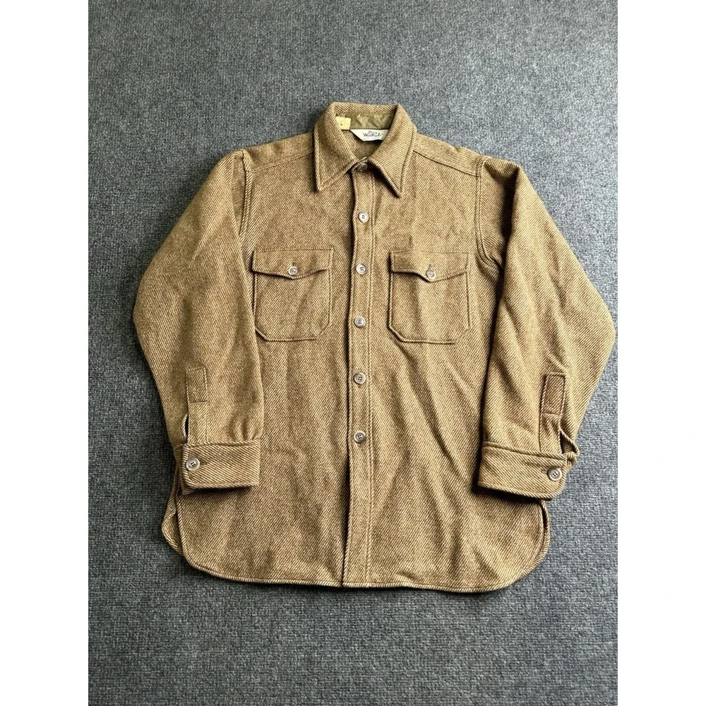 Mens Woolrich Wool Button Up CPO Shirt Jacket Brown Two Pocket, Size L